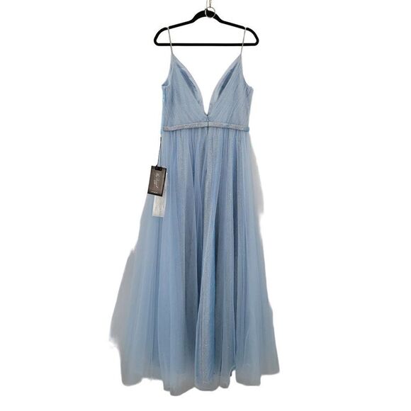 Mac Duggal Gown Elsa Princess Ice Blue Sparkle Plunging V Full Tulle A-line 10 - Picture 13 of 17